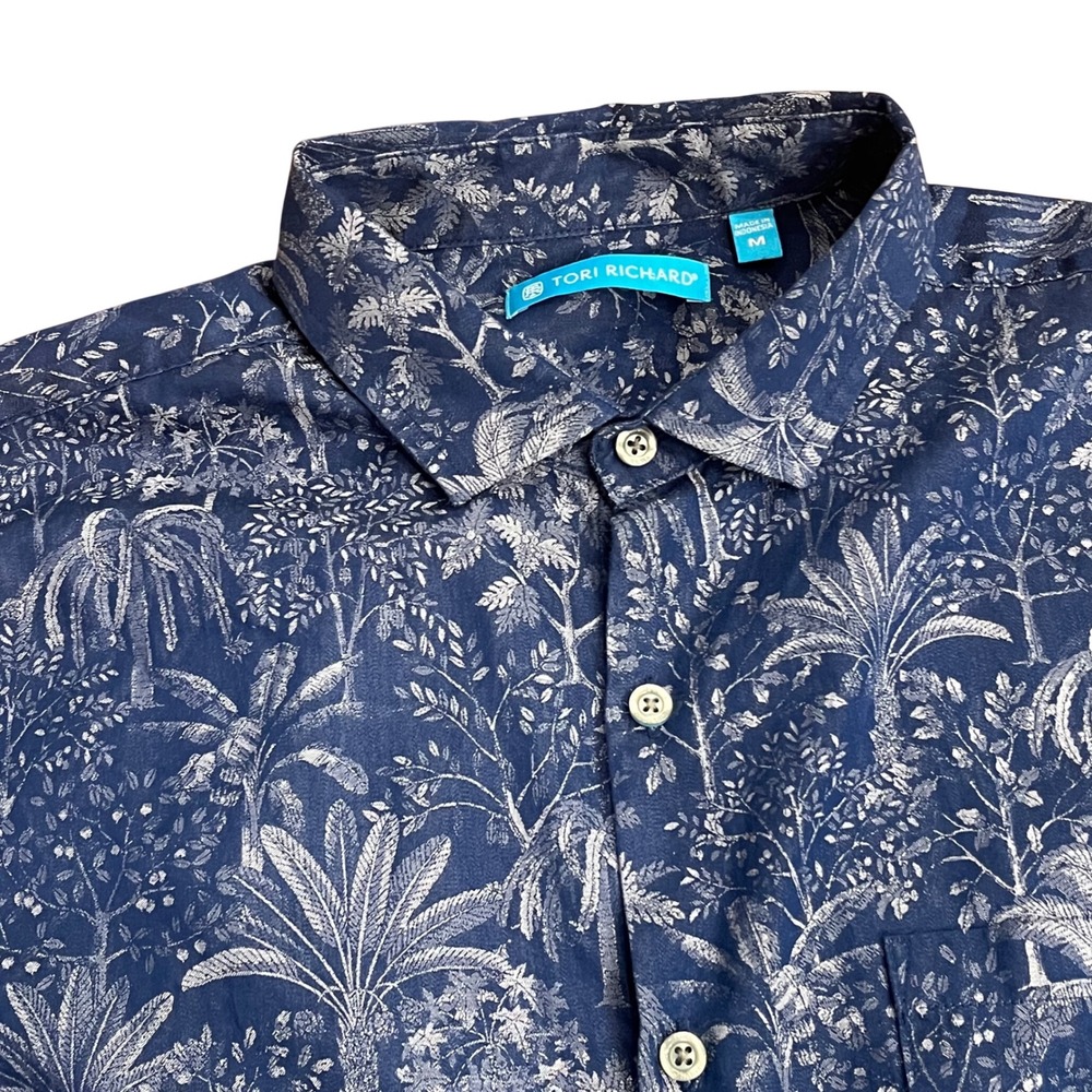 Tori Richard Button Down Shirt Mens Medium Navy Blue Tropical Palm Tree Print